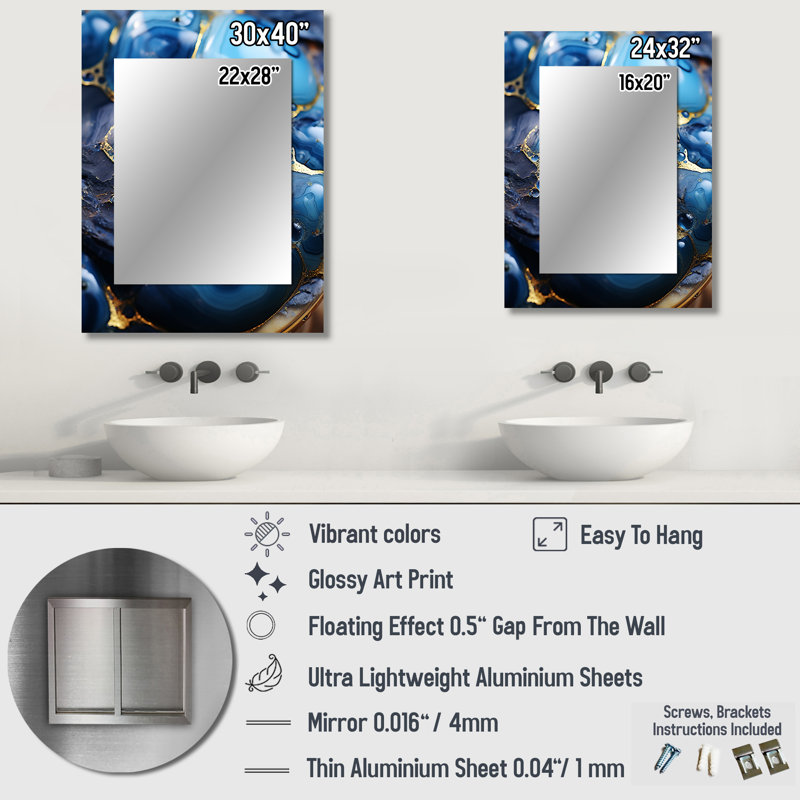 Or et mosaïque de marbre bleu saphir I - miroir mural abstrait unique, miroir doré, impression sur métal, 32 po x 24 po
