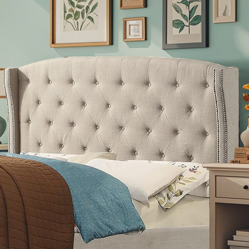 Tête de lit tapissier à oreilles en lin avec garniture cloutée double et capitonnage pour chambre à coucher, Grand lit, Beige