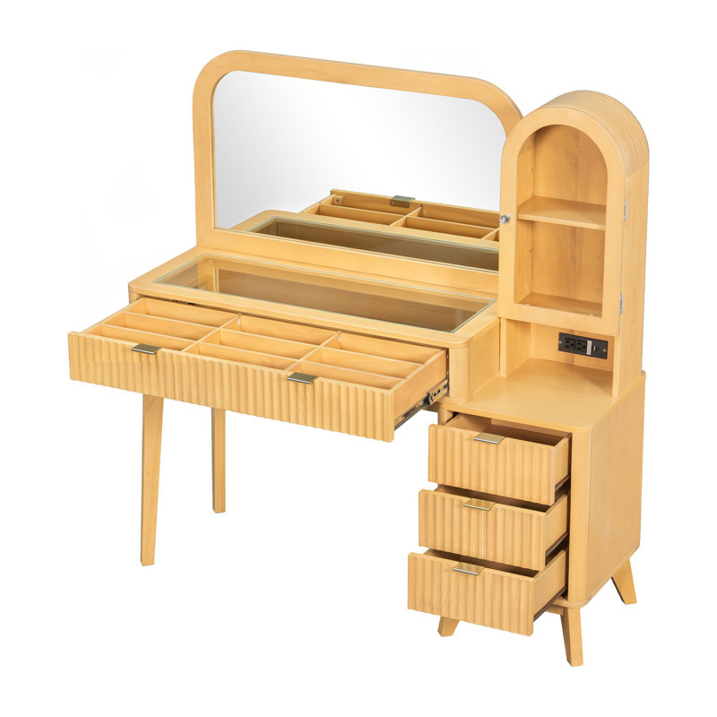Meuble-lavabo cannelé avec miroir, grande coiffeuse moderne avec plateau en verre avec 4 tiroirs et armoire de rangement