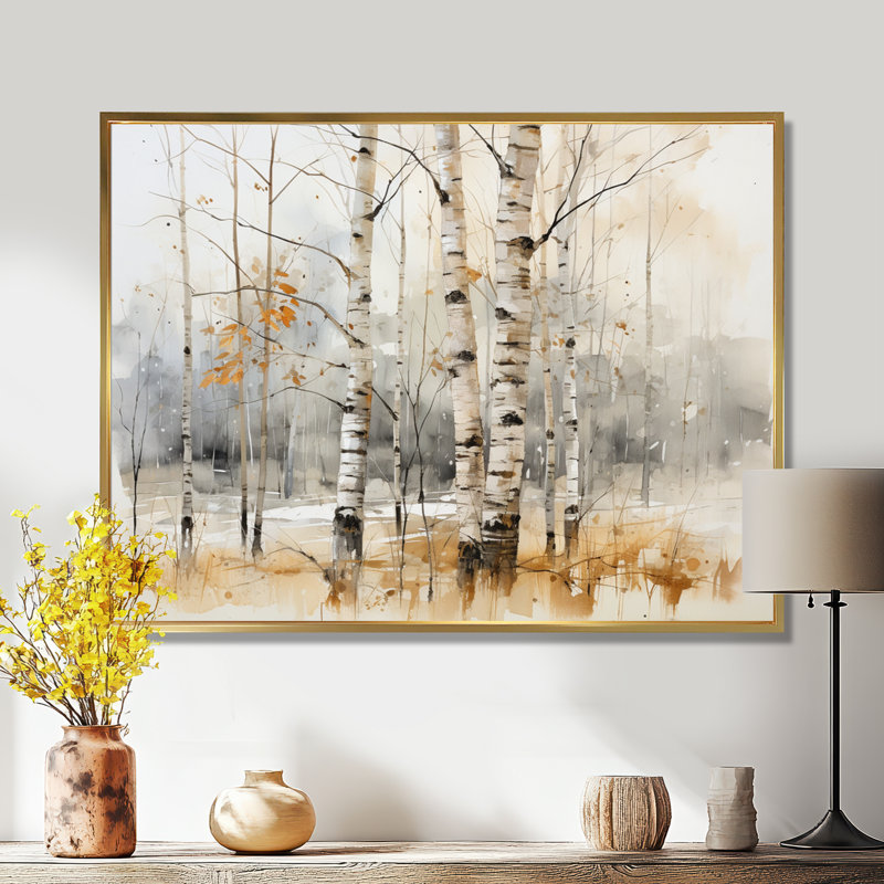 «Winter Birch Wood Forest I - Tree Birch», art mural, Cadre flottant doré, H 12 po x l 20 po x P 1 po