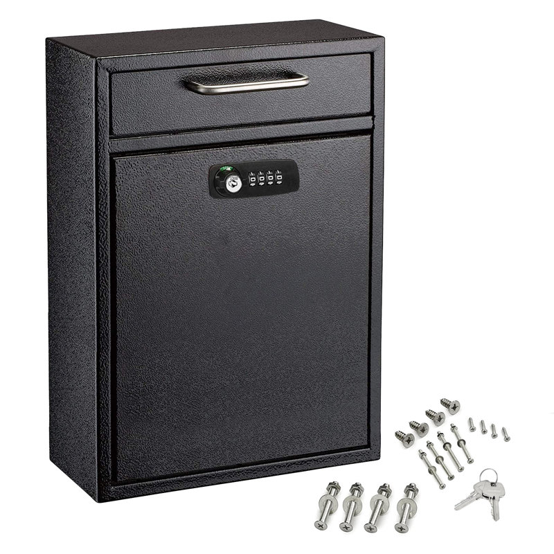 Medium Drop Box Wall Mounted Locking Mailbox With Key And Combination Lock, 16.2" H x 11.2" W x 6.7" D, Black