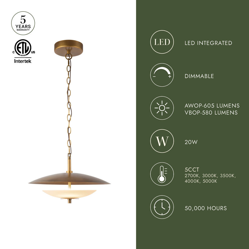 Prescott 1 - Light LED Pendant, Vintage Brass/Opal Matte Glass