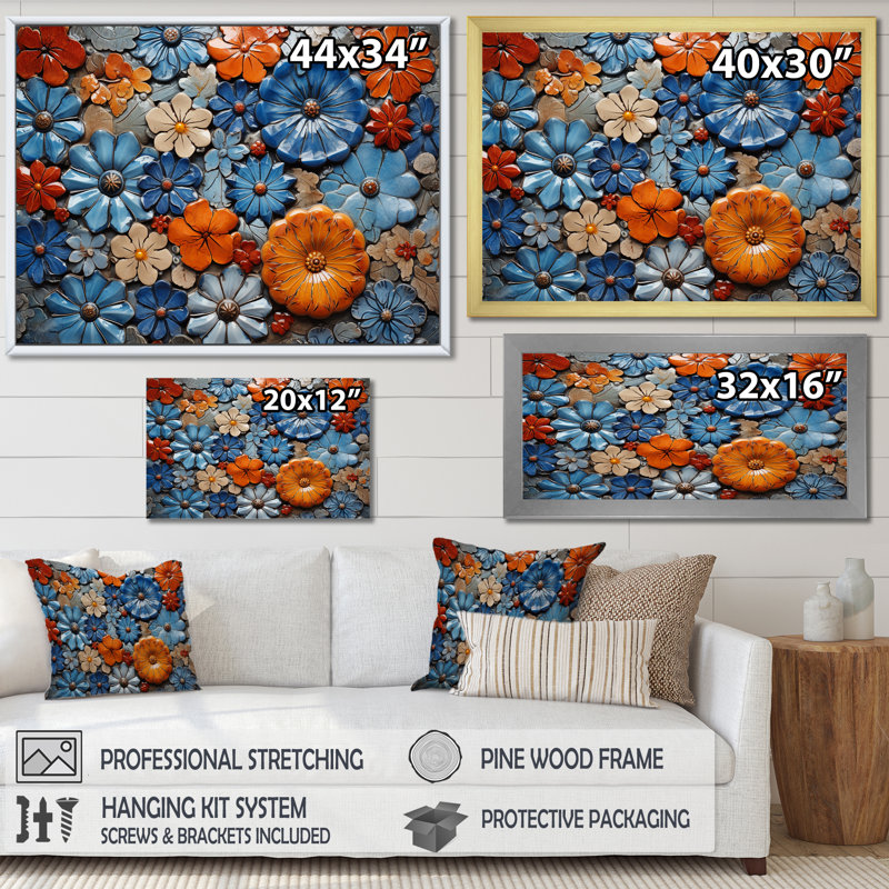 Floral bohème bleu et orange mosaïque 1 - Boho mosaïque murale, Cadre flottant noir, H 12 po x l 20 po x P 1 po