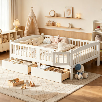 Kids Floor Bed Frame with Guardrails and 2 Storage Drawers, Wood Floor Bed with Rails for Girls Boys, No Box Spring Needed, Full Size, White