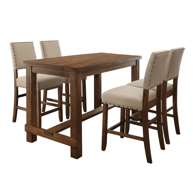 Ensemble de salle à manger 5 pièces en bois massif Adler, Tabouret de comptoir (siège d'une hauteur de 25 p, Ton naturel