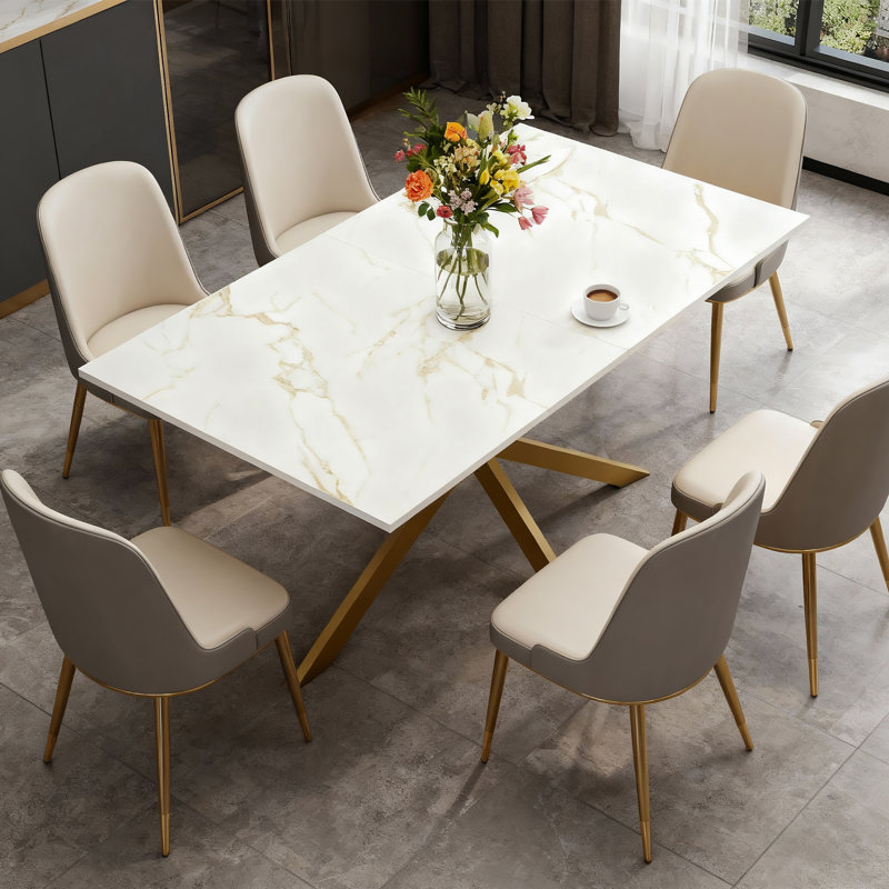 Table de salle à manger extensible de 160 à 200 cm, plateau imitation marbre, table de cuisine gain de place pour 6 à 10 personnes, couleur or