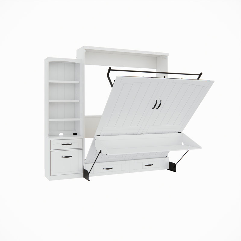 Grand lit plateforme avec rangement en bois massif Junxi, Blanc