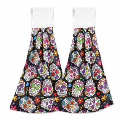 Vibrant Floral Sugar Skull Kitchen Towels - Super Absorbent, Machine Washable, 2-Piece Set with Hanging Loop