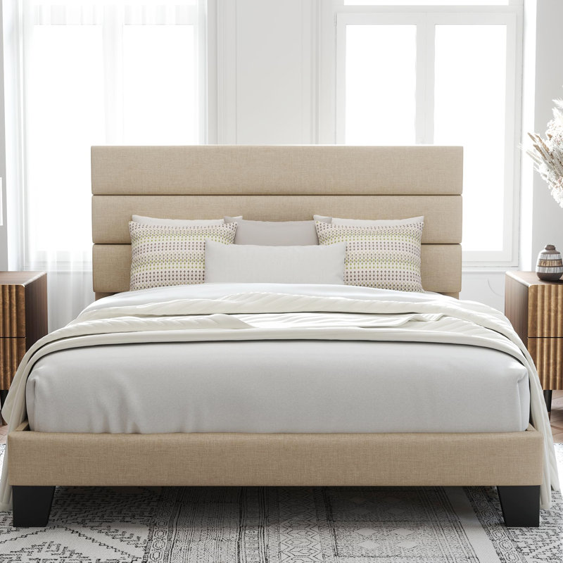 Structure de lit plateforme avec tête de lit tapissier en tissu et support en lattes de bois, Beige, Double