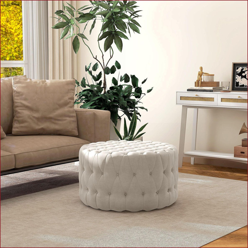 Repose-pieds de 31,5 po en velours rond pour le salon, entrée | Beige | Polyester