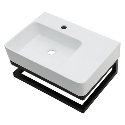 GhomeG 23"L x 16"W White Rectangular Ceramic Bathroom Wall-mount Sink with Steel Base