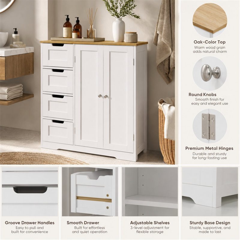 Armoire de salle de bain autoportante moderne avec 4 tiroirs, 2 portes et une tablette réglable