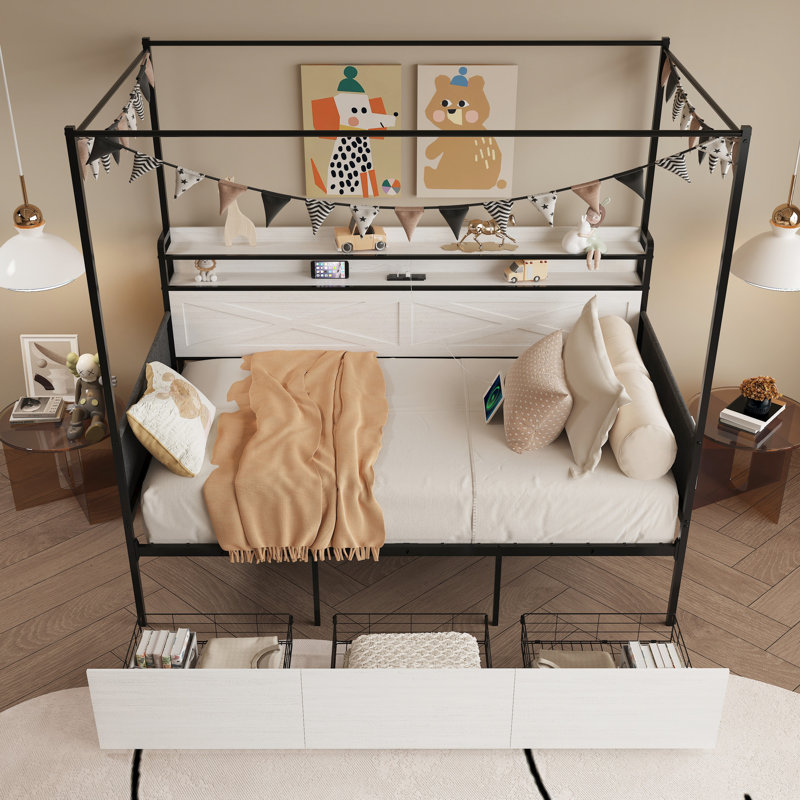 Cadre de lit simple moderne, blanc, avec 3 contenants de rangement à roulettes sous le lit, installation de chargement et rangée de DEL auxiliaire pour la conception de chambre à coucher blanche, compartiments, éclairage de station