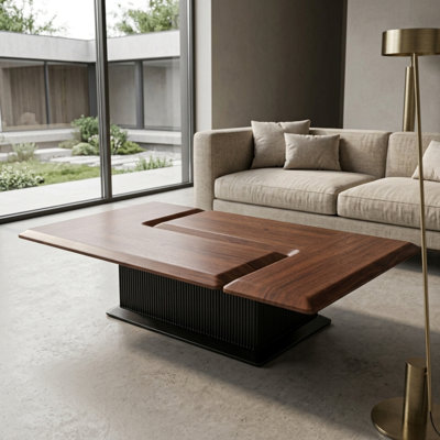 Square folding coffee table with storage, walnut-color
