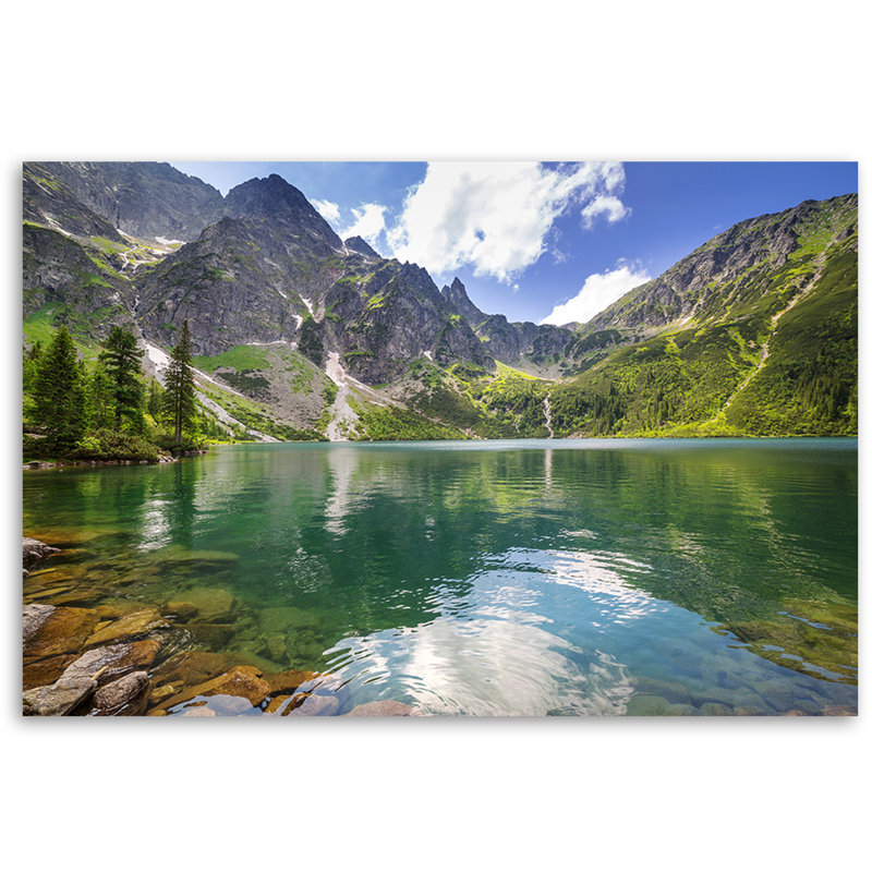 Mountain Lake Trees Natura Painting Print on Canvas, 40cm H x 60cm W