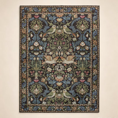 Tapis noir à motif floral et oiseaux d'inspiration populaire Fandi Art Scandi