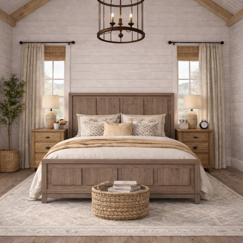 Wood Platform Bed Frame with Panel Headboard, Durable Construction, Grey Oak Finish, Queen
