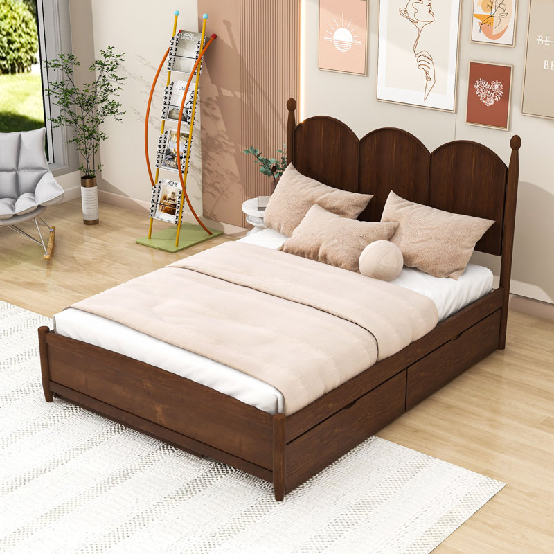 Queen Wooden Platform Bed with Trundle and 2 Drawers, Walnut