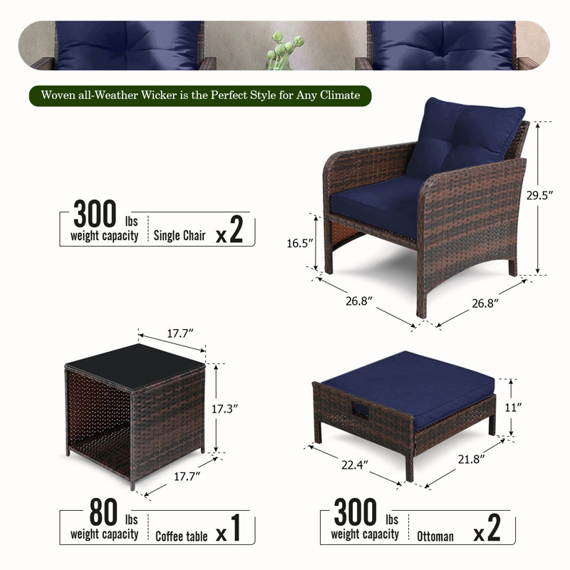 Ensemble de chaises de patio 5 pièces, conversation en osier avec coussins, table basse, bleu marine, Marine