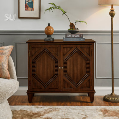 33.6" Retro Wooden Sideboard Buffet Cabinet with Storage, Symmetrical Geometric Accent Display Cabinets, Media Console Credenza for Living Room/Entryway/Dining Room/Kitchen, Walnut