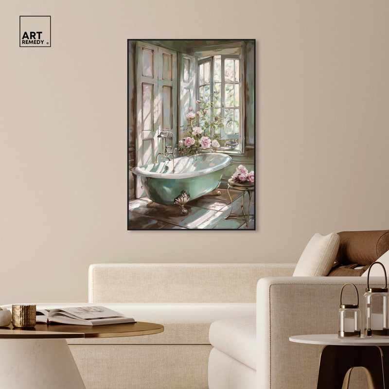 «Spring Bliss Bathroom Canvas Farmhouse» par Art Remedy, H 16 po x l 11 po, Cadre noir