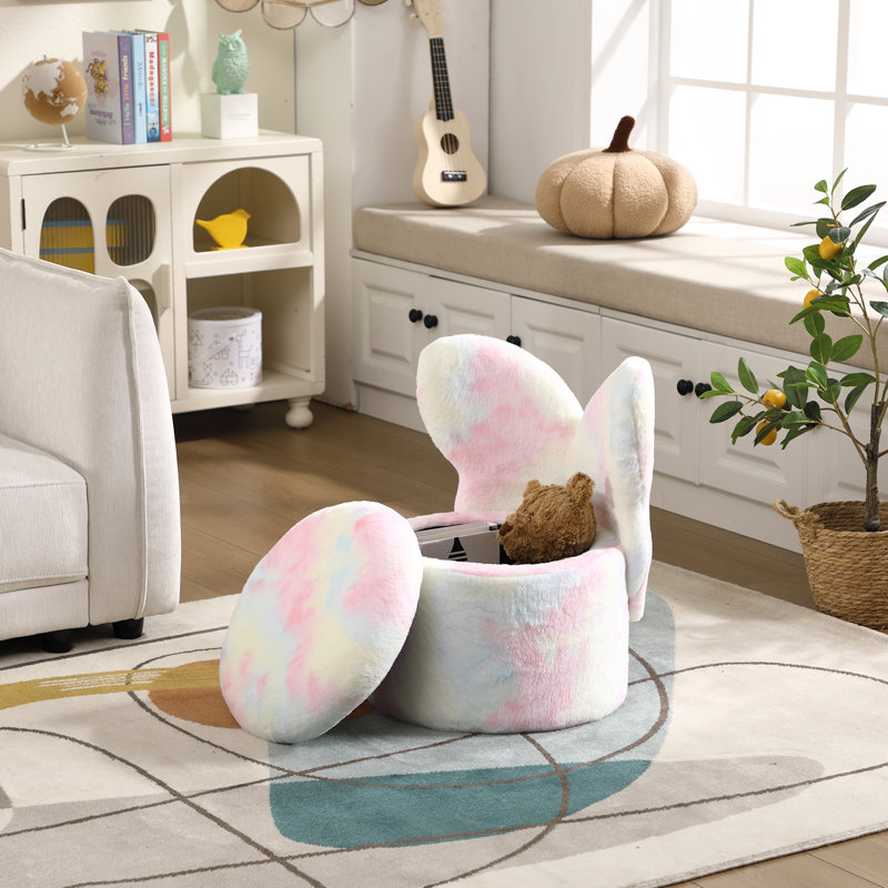 Adorable Butterfly Back Storage Stool - Kids' Round Ottoman With Lid For Girls' Playroom, Pink Rainbow