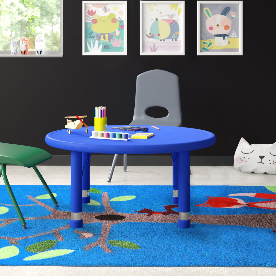 Goddard 45" Round Plastic Height Adjustable Activity Table - School Table for 4 Flash Furniture Size: 33"W x 33"D x 14.5" - 23.75"H Tabletop Finish: Blue