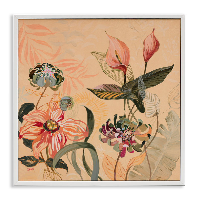 Giclée encadrée, feuillage tropical et fleurs, design par Dusza, H 17 po x l 17 po