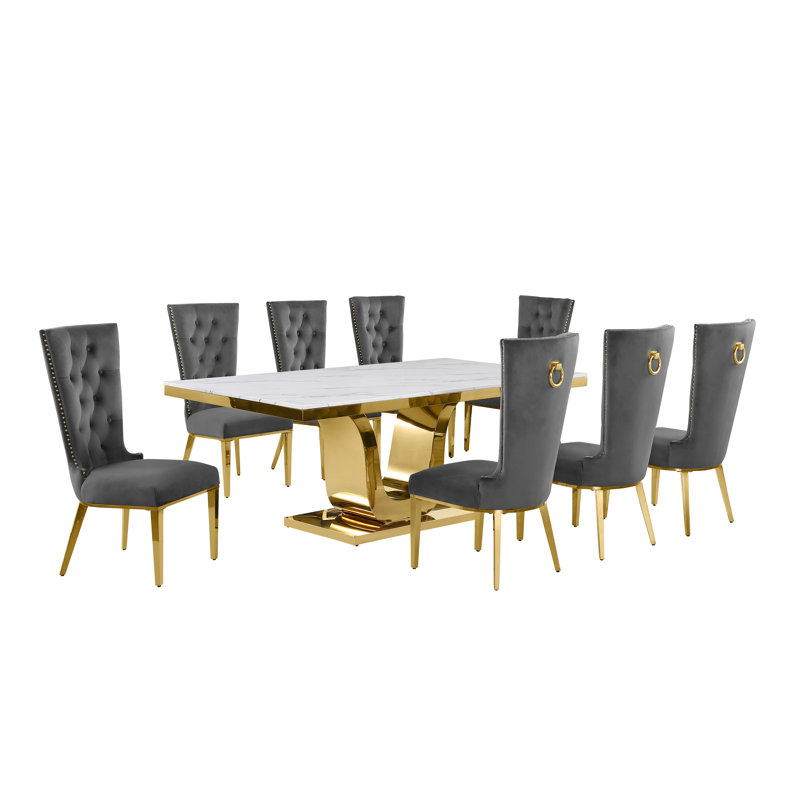 Bankhead Marble Top Pedestal Dining Set, Gray/Gold, 9