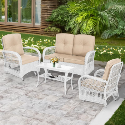 Dovecove 4-piece Outdoor Patio White Wicker Conversation Sets, All Weather Rattan Furniture Set Includes Glider Loveseat, Coffee Table, 2 Glider Rocker Chairs W/cushion For Lawn Balcony