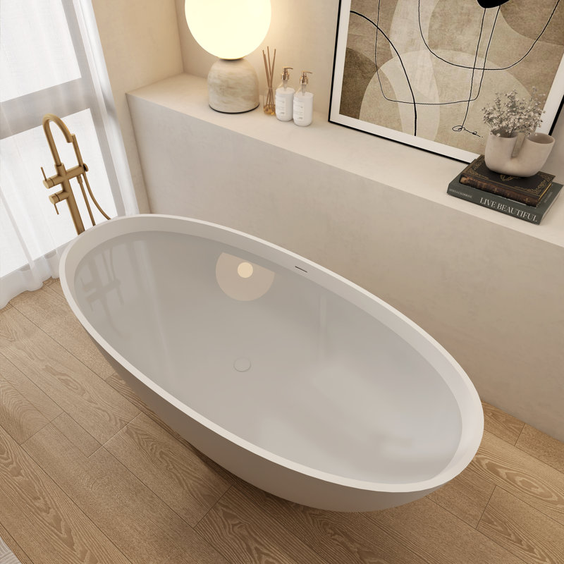 65''Solid Solid Surface Bathtub, Freestanding Soaking Bathtub, White