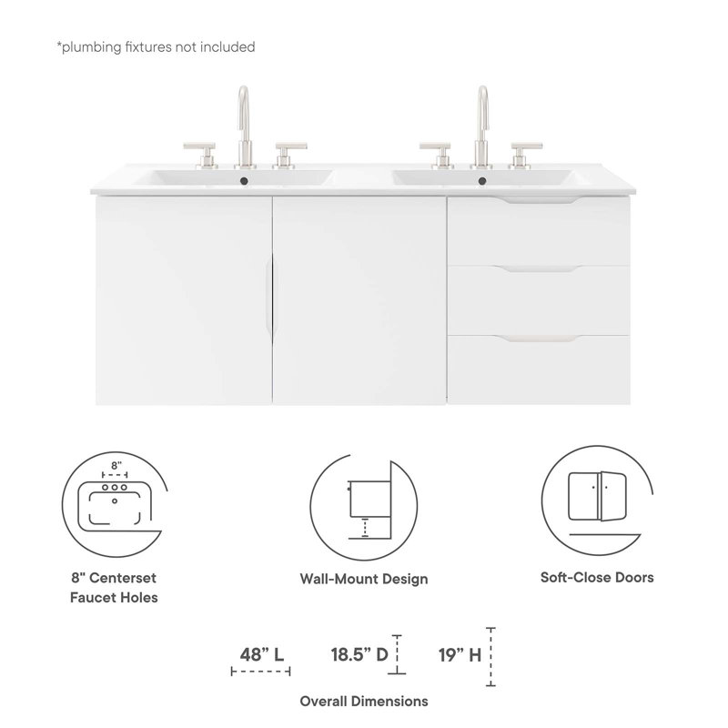  Meuble-lavabo à double cuve 48 po Vitality, Blanc, Blanc