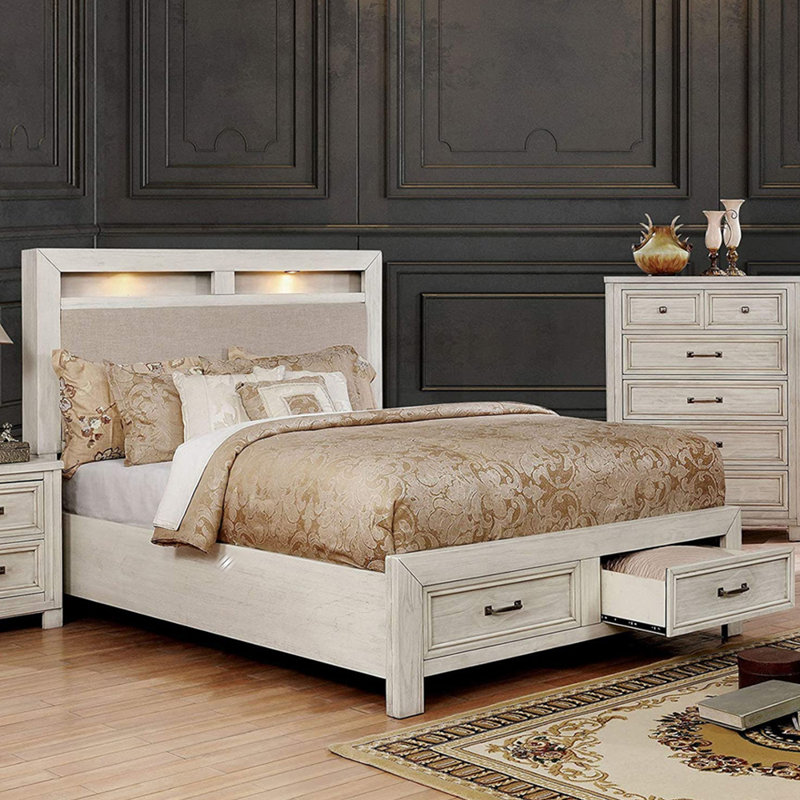 Lit plateforme tapissier avec rangement Caitlyn, Blanc, Très grand californien