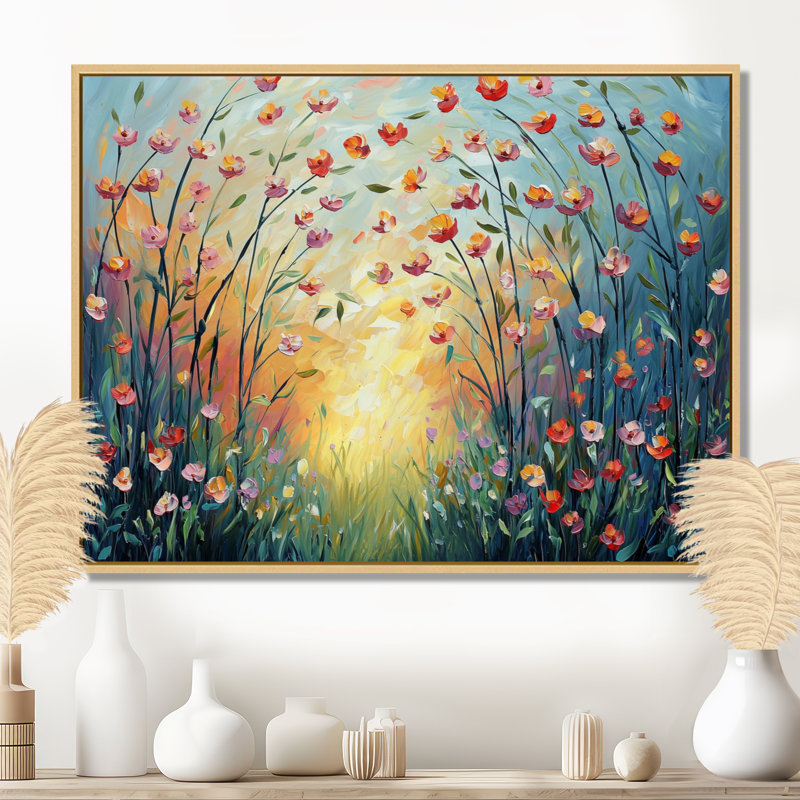 Coucher de soleil fleurs sauvages dans la nature II - Fleurs murales sauvages, H 34 po x l 44 po, Cadre flottant, Brun