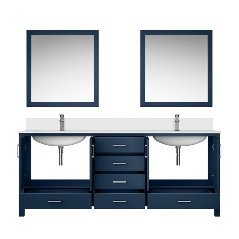 Meuble-lavabo double l 80 po x P 22 po, plateau en marbre de culture, ensemble de robinet et miroir de 30 po, Marine