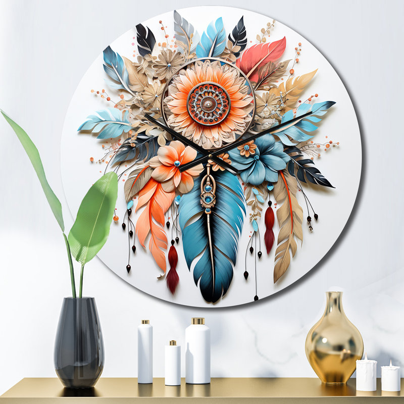 Horloge murale bohème fleurs et plumes, Petit