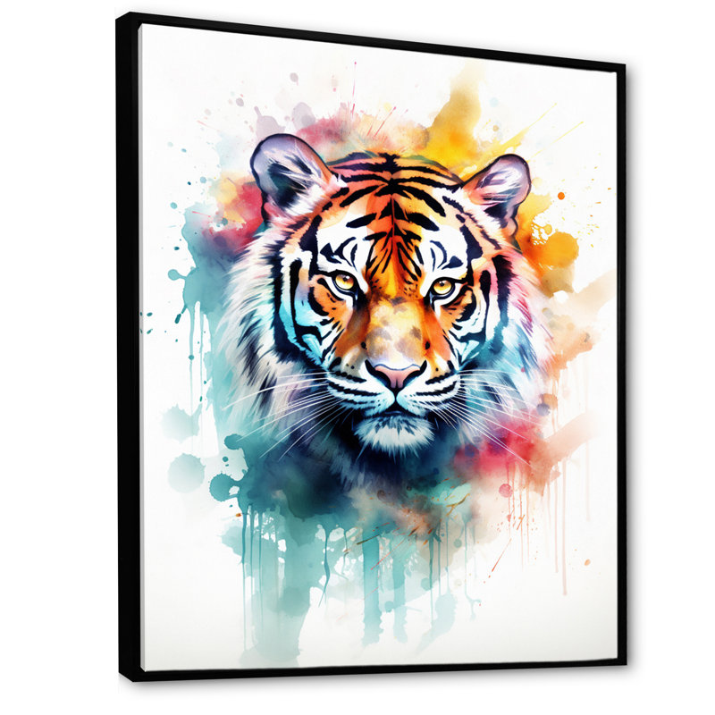 Portrait de tigre, aquarelle sur toile, H 44 po x l 34 po, Cadre flottant noir