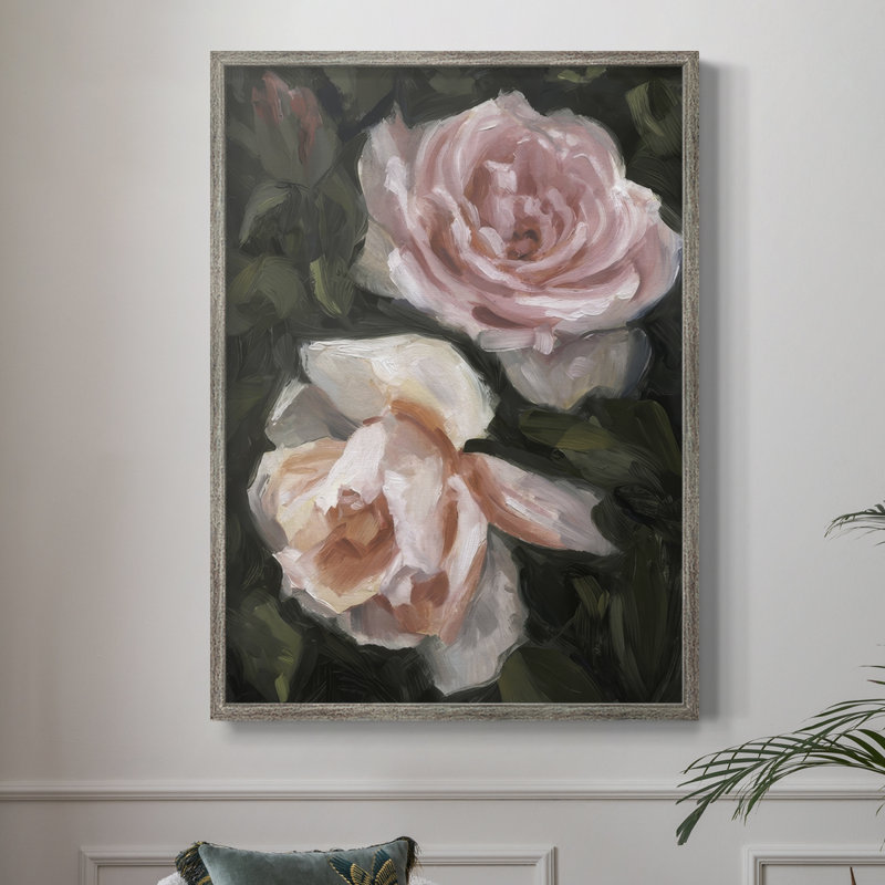 Peachy Roses II Framed Print - Solid Wood, 11" H x 9" W