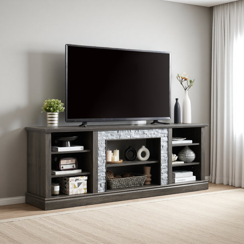 Large TV Desk Storage Rack With Faux Stacked Stone Surround,Media Console Table With Large Storage Cabinet,Modern TV Media Entertaionment Stand