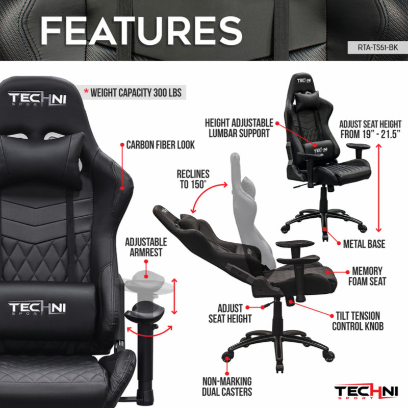 Hokku Designs Abeu Adjustable Reclining Ergonomic Swiveling PC & Racing Game Chair in Black