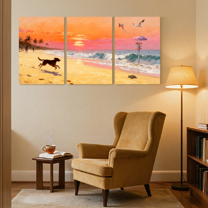 Plage, coucher de soleil, chien, course, palmiers, maître nageur, tour, mouette, cerf-volant, ensemble de 3 impressions sur toile