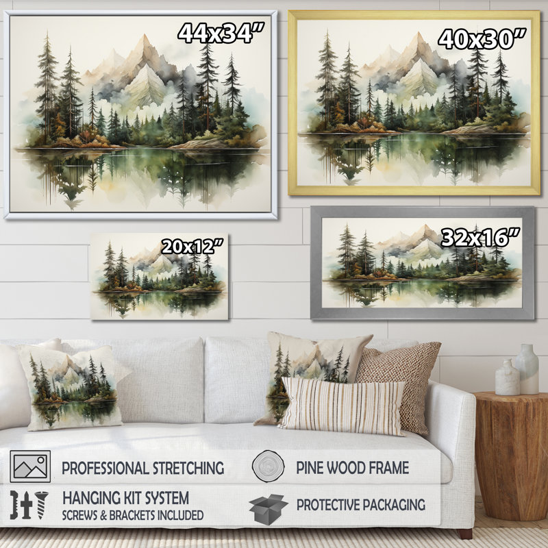 Watercolor Mountain Dreamscape - Art mural montagnes, Cadre flottant brun, H 34 po x l 44 po