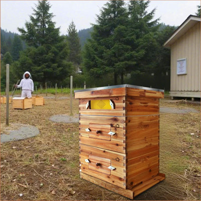 10-frame Complete Beehive Kit, Wax Coated Bee Hives For Beginner, Includes 2 Deep Box And 1 Medium Bee Box With Acrylic Window, Beehives Frames And Wax Foundations For Beekeeping Supplement