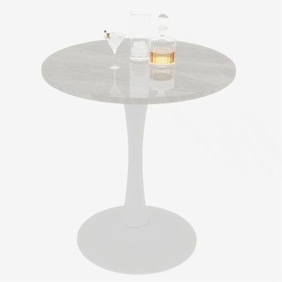 27.6" black coffee table, mid-century modern style dining table, accommodates 2-4 people, featuring a round light gray textured marble tabletop, suitable for various settings.