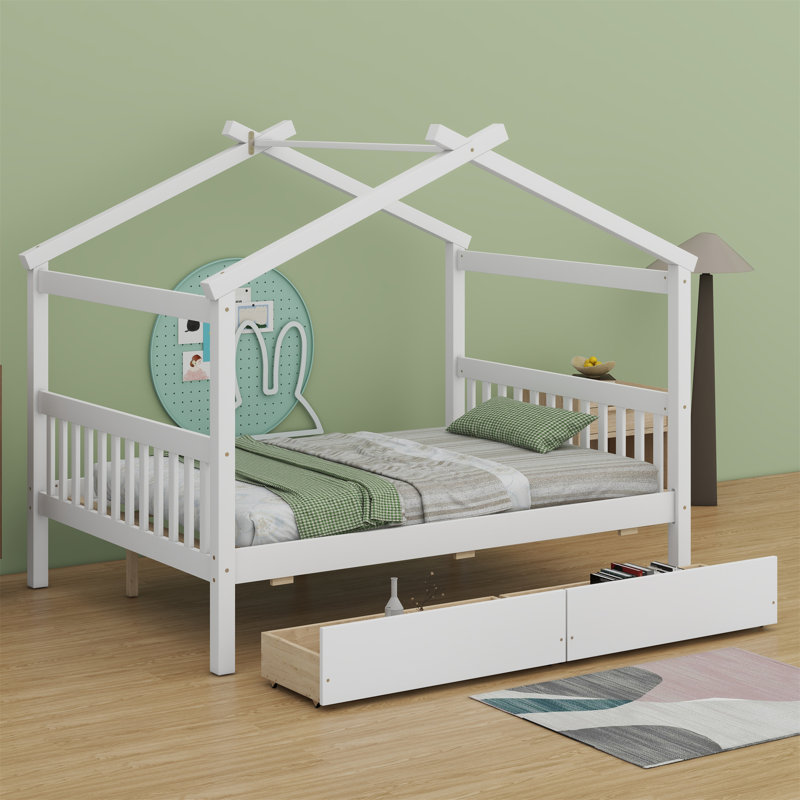 Lit en bois avec tiroirs, Blanc