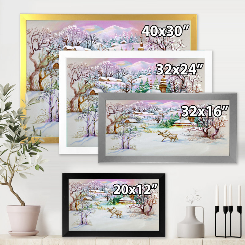Winter Village Life - peinture sur toile, Toile avec cadre argenté, H 16 po x l 32 po x P 1,5 po