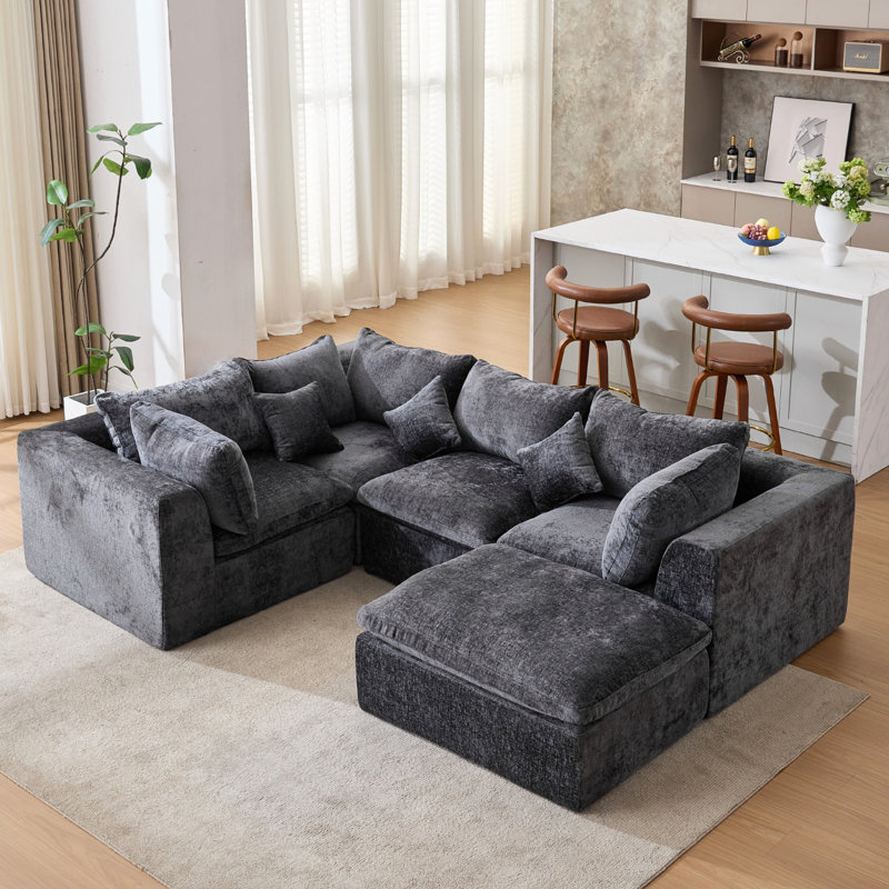 Canapé modulaire rembourré 8 pièces à compression 8 pièces, Gris chenille, H 25,6 po x l 113,5 po x P 80 po