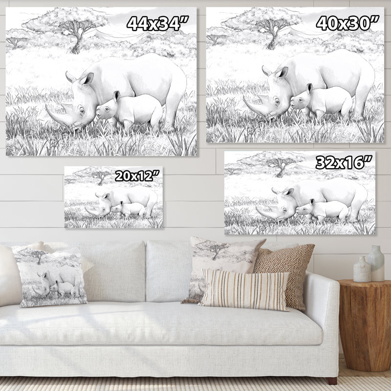 Rhino in African Safari - peinture sur toile, H 12 po x l 20 po, Toile tendue