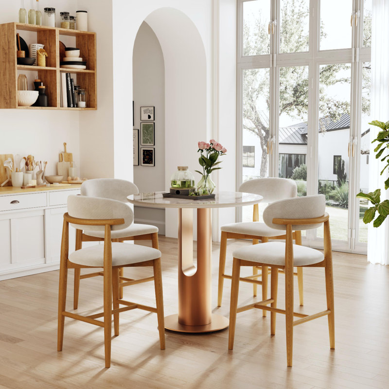 24'' Mid-Century Modern Wood Counter Height Bar Stools Set Of 2, Counter Stools With Backs, Beige Bar Stools, Assembled Bar Stools, Cotton Linen