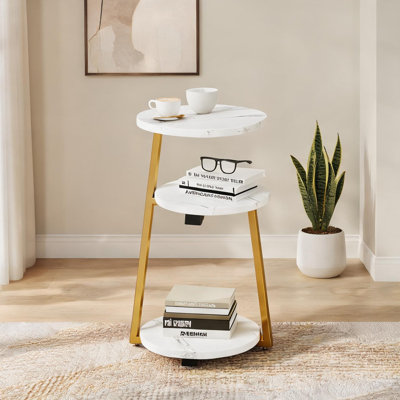 Table d'appoint ronde moderne avec rangement à 3 niveaux, plateau en bois massif blanc vif et structure en acier doré, taille compacte de 13,78 pouces pour le salon ou la chambre à coucher